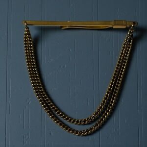 Vintage Krementz Tie Bar Clip Clasp Double Chain Drop Gold Tone USA Formal Suit